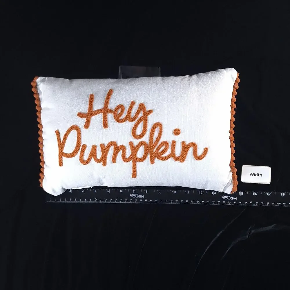 Target Bullseye Hey Pumpkin Fall Throw Pillow 15x10 Orange White Pom Trim Decor
